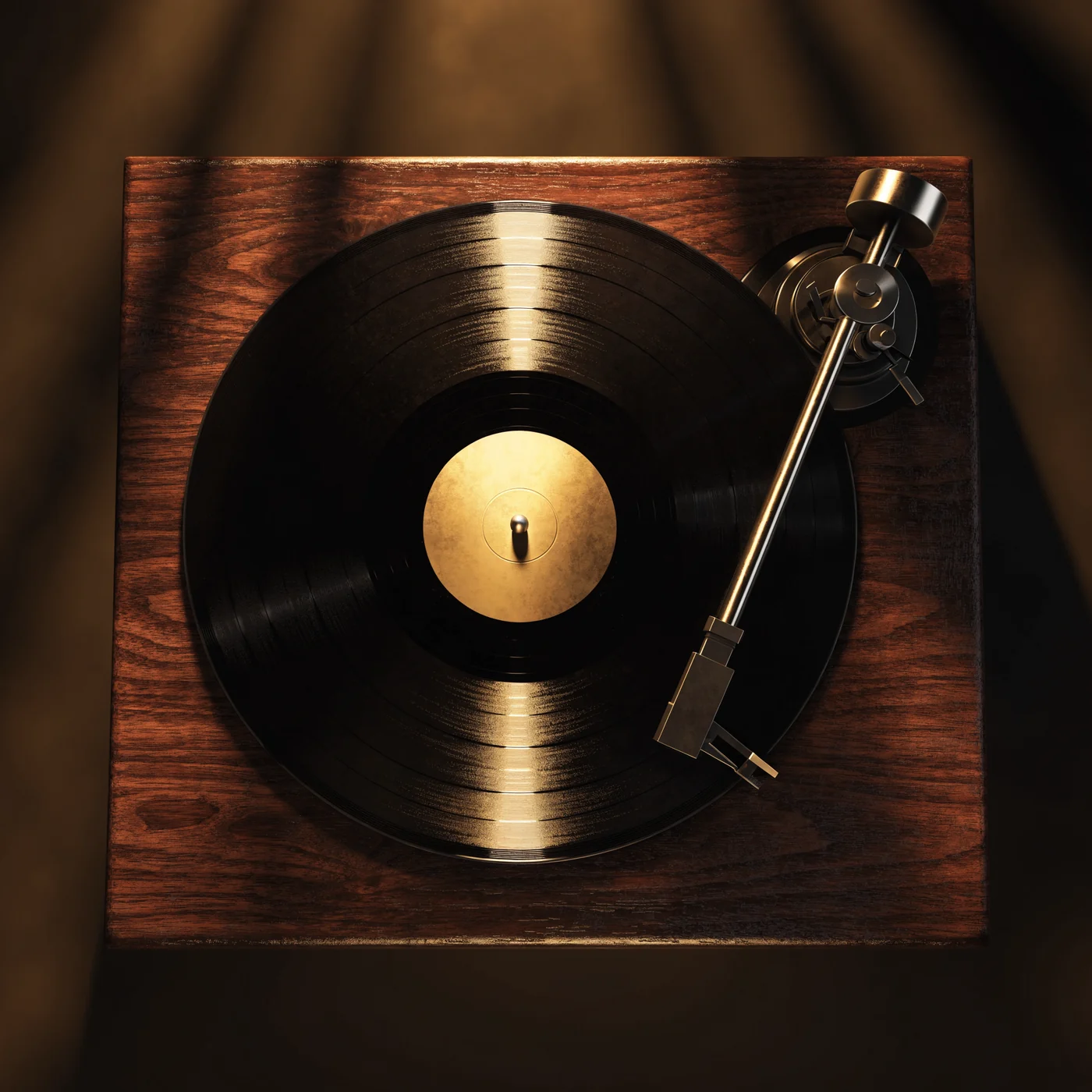Walnut turntable with a black record